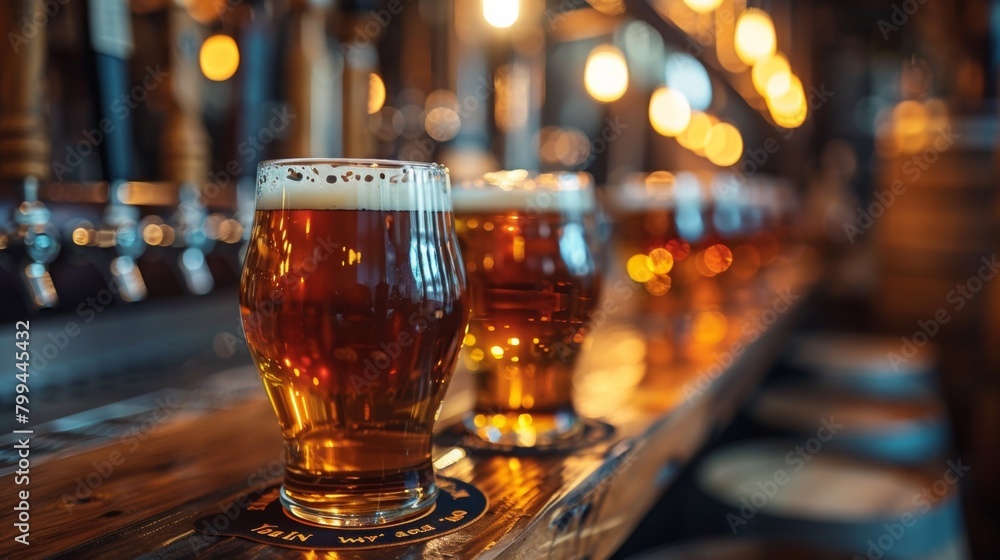 A row of glasses on a bar with beer in them, AI
