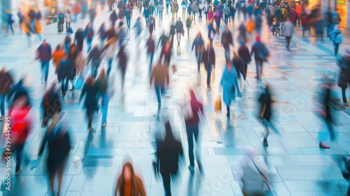 Motion blur of busy people walking together in street outdoor at morning rush hour. Generated AI