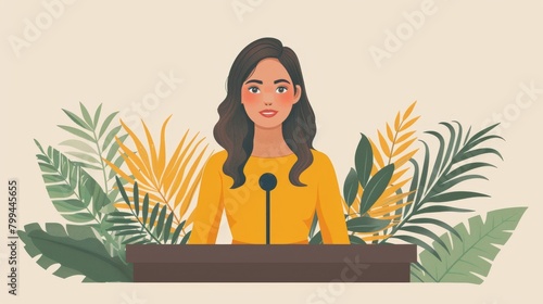 Political candidate performing in front of an audience modern flat illustration. A smiling woman is speaking in a debate, isolated on white. photo