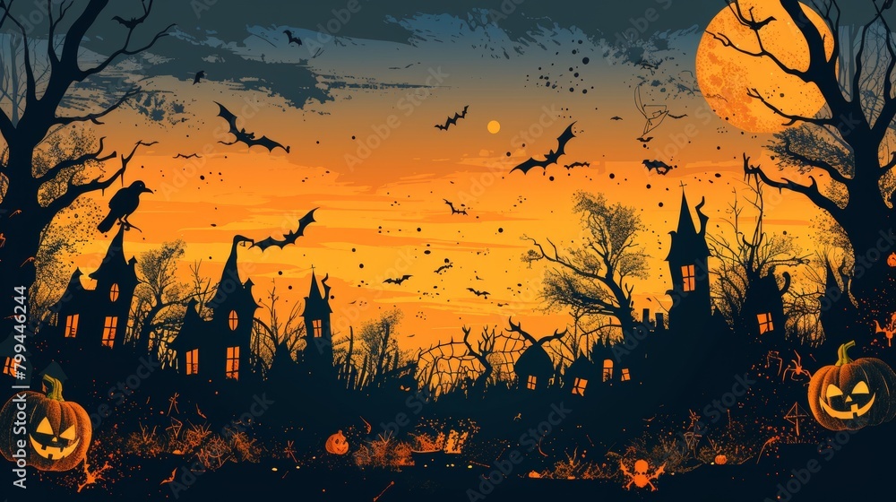 Greeting background for Halloween with space for text and symbols in modern format. Symbols include bats, spiders, witch hats, ravens, pumpkins and brooms.
