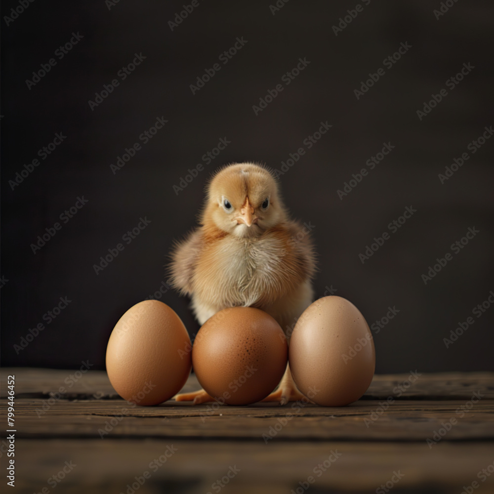 Eggs on a table. A baby chicken is sitting between the eggs