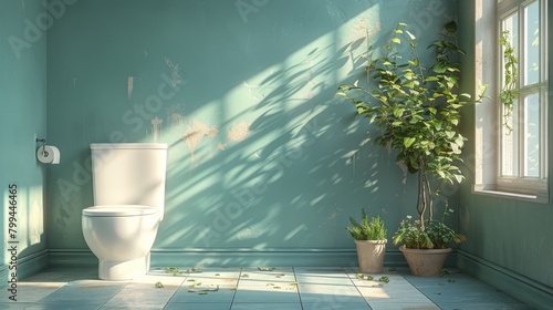Front view of a modern bathroom with a white ceramic toilet bowl, paper, brush and green plant isolated on a beige background. Water closet with blue tiles on the wall. photo