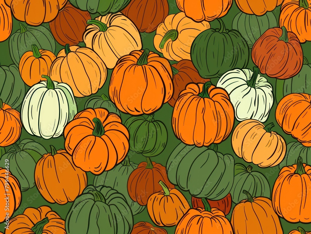A dense arrangement of pumpkins in various sizes and colors, covering the entire background. A dense arrangement of pumpkins in various sizes and colors, covering the entire background.
