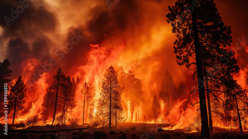 Intense flames from a massive forest fire. Flames light up the night as they rage thru pine forests and sage brushes photo