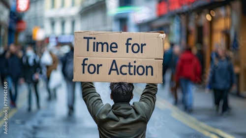 Urban Activism, Handheld Protest Sign in City Rally, Call to Action Message, Time for action