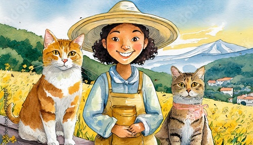 Illustration of a farmer woman wearing a hat with cats in the field with mountains in the background