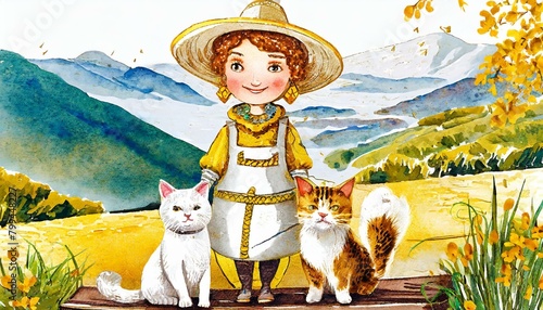 Illustration of a farmer woman wearing a hat with cats in the field with mountains in the background