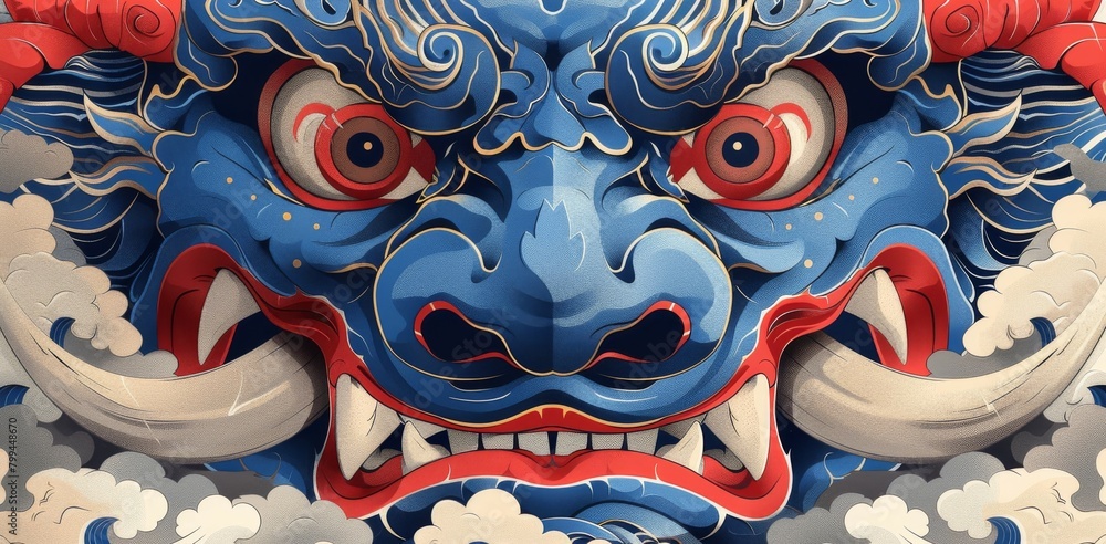 Blue devil mask on Noh stage. Japanese Ao Oni face. Japanese theatrical character. Asian folk head with teeth, fangs, horns. Isolated flat modern illustration on a white background.