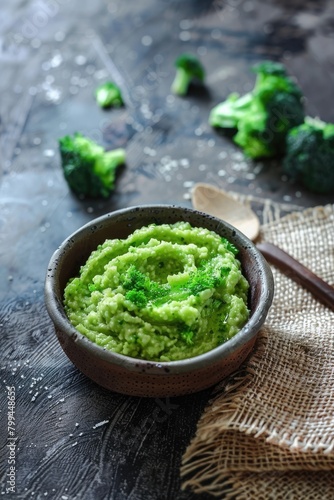 Broccoli puree on burlap background. selective focus