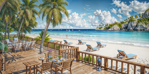 Tropical Beach Paradise with Restaurant and Lounge Chairs. Idyllic Beachfront Setting with Palm Trees, Turquoise Water and Private Wooden Deck for Dining and Relaxation. Beachfront Vacation 