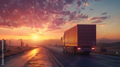 Panoramic view a cargo truck driving fast on the road at sunset scene background. Generated AI