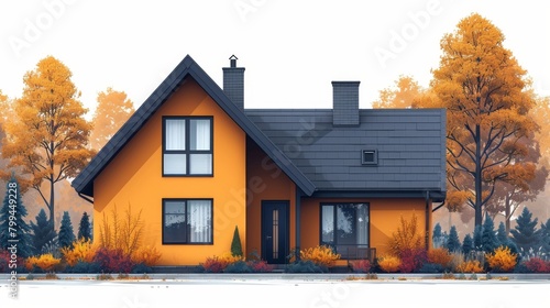 A residential house building exterior with chimney on the roof, windows, and doors. Isolated modern illustration on white.