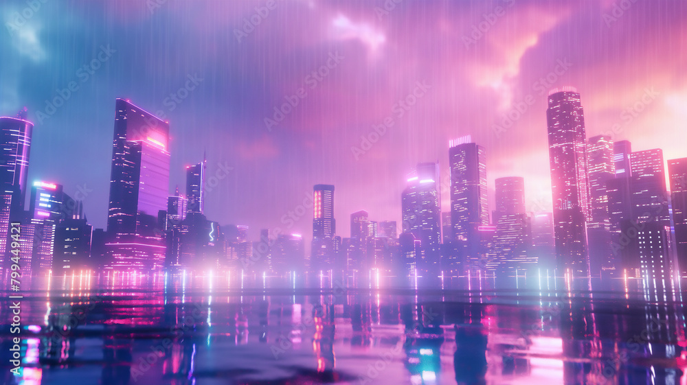 Futuristic cityscape with neon-lit skyscrapers under rain and purple-pink sky reflecting on wet surface.