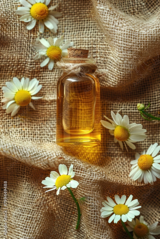 Chamomile essential oil on a burlap background top view Chamomile essential oil on a burlap background top view