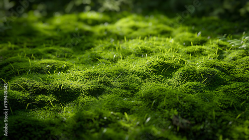 Lush green moss and young grasses basking in speckled sunlight, showcasing vibrant forest floor textures. photo