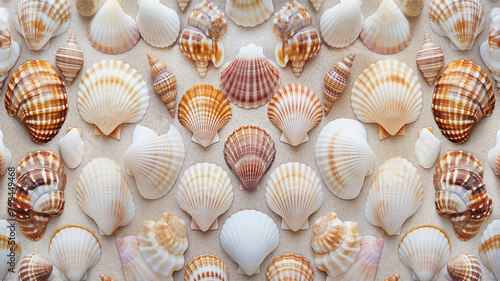 Assorted seashells with varied patterns symmetrically arranged on a sandy background, capturing marine diversity.