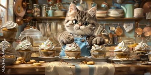 chef cat stands proudly in front of a batch of freshly baked cupcakes in a cozy kitchen setting. © Vitalii But