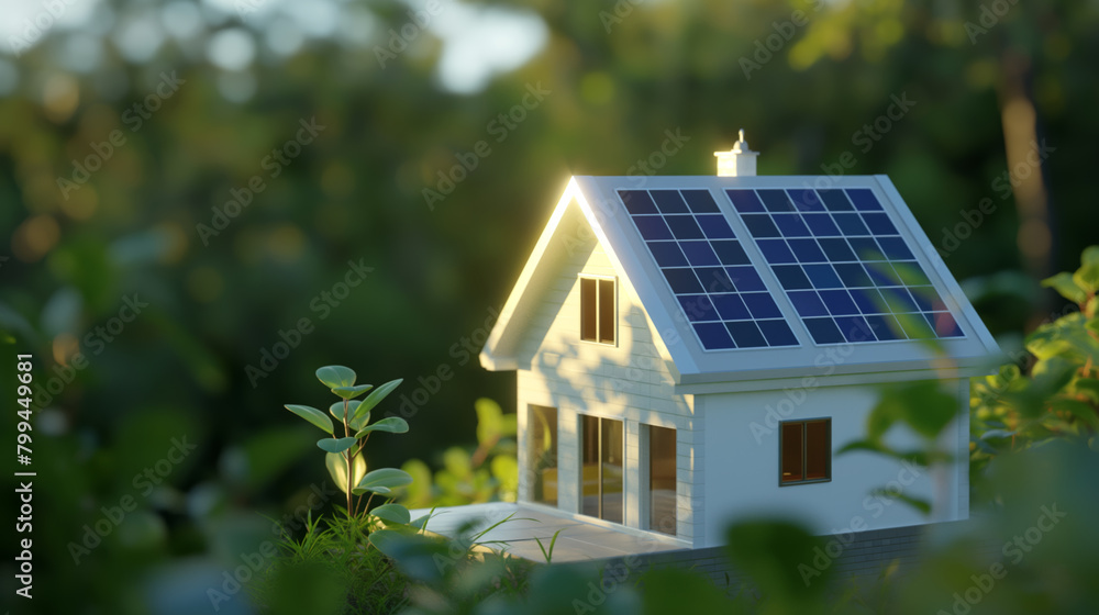 Modern house with solar panels on the roof basking in the warm glow of sunset, representing sustainable living and energy efficiency surrounded by a tranquil natural setting Modern house with solar panels on the roof basking in the warm glow of sunset, representing sustainable living and energy efficiency surrounded by a tranquil natural setting