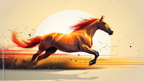 In motion, a tame wild mustang with a lustrous mane. A pedigreed bicolor racehorse in action, movement. Flat modern illustration isolated on white. photo