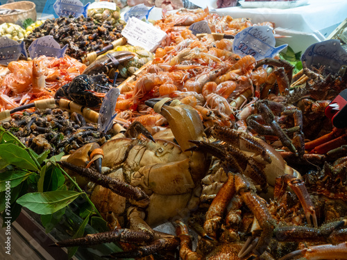 Close-up of a variety of seafood offered on a fish market