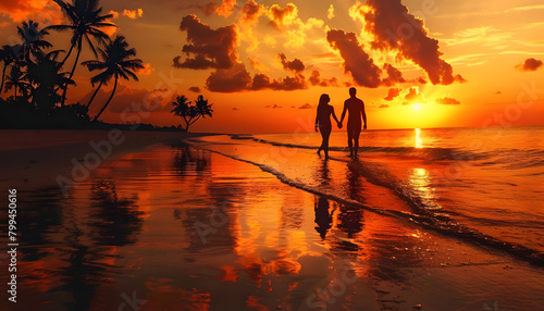 Silhouettes of a couple holding hands as they walk along the golden sands of a deserted tropical isl Generative AI photo