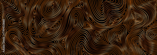 Luxury golden texture with waves. Flowing liquid pattern. Bronze curves. Black background with gold lines. Geometric rippled surface. Wavy golden design. Bronze curves.