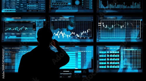 Algorithmic Trader Silhouette Adjusting Parameters on Trading Platform with Market Indicators Stock Image photo