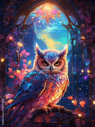a painting of an owl with a night sky in the background.