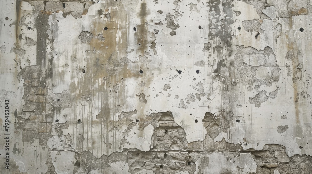 A weathered backdrop in white paint showcasing ruins aged hues fissures and gunshots