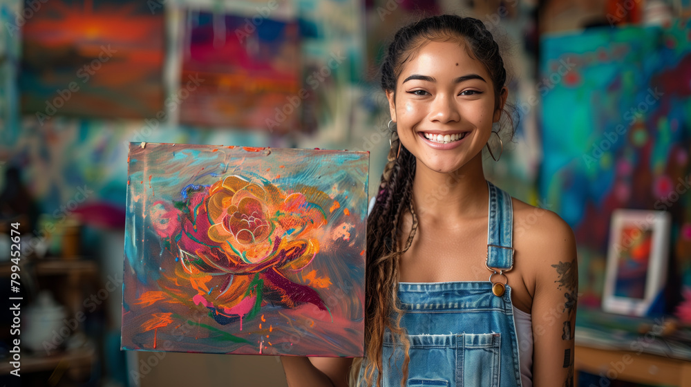 An artist holding up their finished masterpiece with a satisfied smile, showcasing the accomplishment of creating something beautiful and meaningful through their creative talents.
