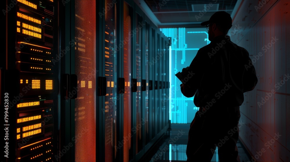 FutureReady Silhouette of Infrastructure Architect Strategizing Data Center Expansion with Glowing Servers SEO and AI Ready FutureReady Silhouette of Infrastructure Architect Strategizing Data Center Expansion with Glowing Servers SEO and AI Ready