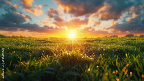 The morning sun casts a radiant glow on a field of green grass, highlighted by sparkling dewdrops.. #799453862