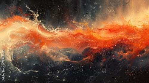 A painting of a swirling orange and red color with black background, AI