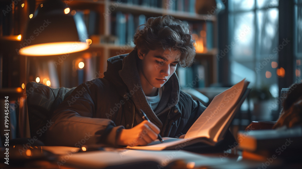 A student studying late into the night before an exam, showcasing endurance as they maintain focus and concentration despite mental fatigue and distractions. A student studying late into the night before an exam, showcasing endurance as they maintain focus and concentration despite mental fatigue and distractions.