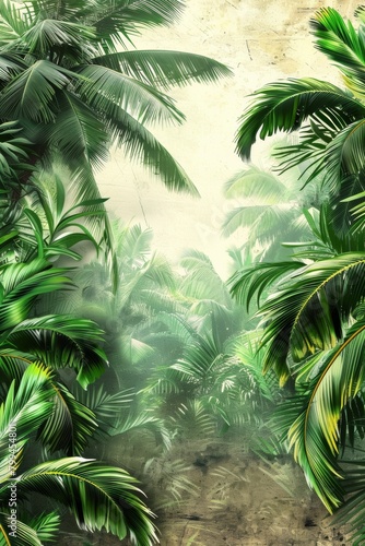 A painting of a jungle scene with palm trees and dirt  AI