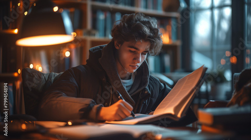 A student studying late into the night before an exam, showcasing endurance as they maintain focus and concentration despite mental fatigue and distractions. photo