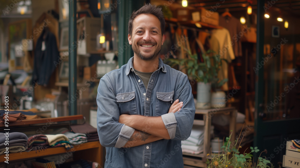 Proud small business owner stands before store, smiling with satisfaction, triumph of entrepreneurial vision realized. Proud small business owner stands before store, smiling with satisfaction, triumph of entrepreneurial vision realized.