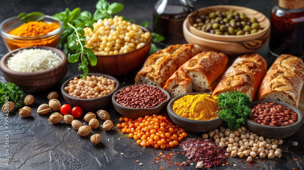 A table with many different types of breads and beans, AI