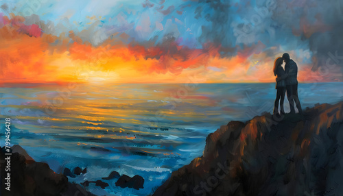 Ethereal oil painting of a couples silhouette embracing on a cliff overlooking the ocean at sunsetar Generative AI