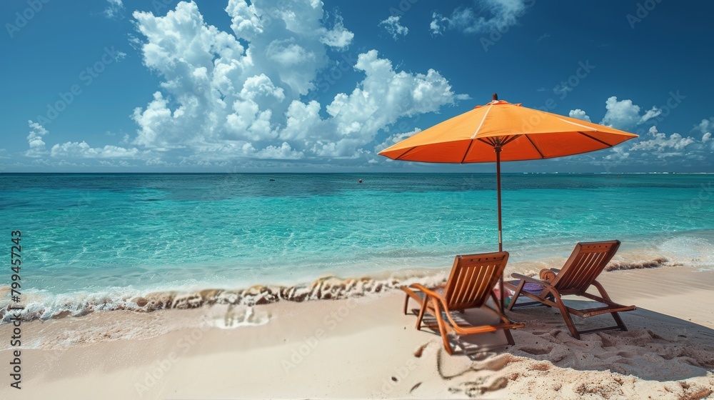 Two Lounge Chairs Under an Umbrella on a Beach