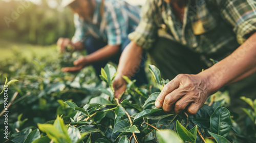 Workers meticulously pick the youngest tea leaves in the golden morning light, showcasing the dedication and tradition of tea cultivation in a lush, green farm setting