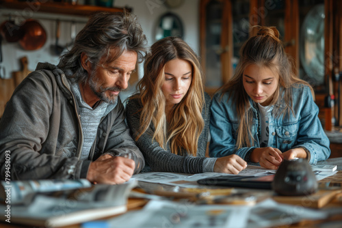 A family sitting around the kitchen table, discussing how to budget and manage their escalating utility bills. Concept of financial planning and household expenses. Generative Ai. photo