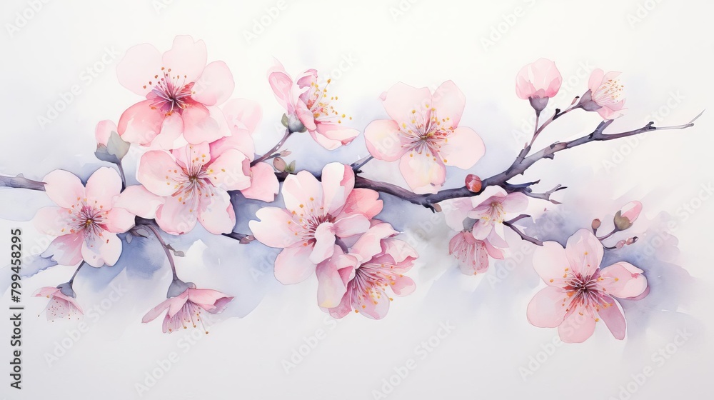 A painting of a pink cherry blossom tree branch