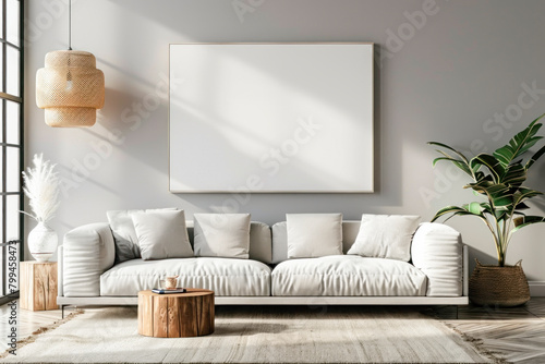 Blank photo frame mockup on a white wall above a white sofa in a living room in a minimalist style. View of modern interior in Scandinavian style template for artwork, painting, photographs or posters