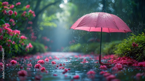 Red Umbrella in Middle of Garden