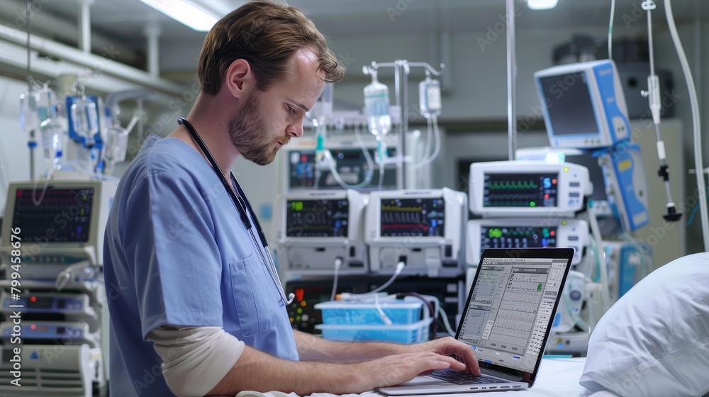 CuttingEdge Medical Technology Technician Monitoring Diagnostic Machine Performance in Hospital Equipment Room CuttingEdge Medical Technology Technician Monitoring Diagnostic Machine Performance in Hospital Equipment Room