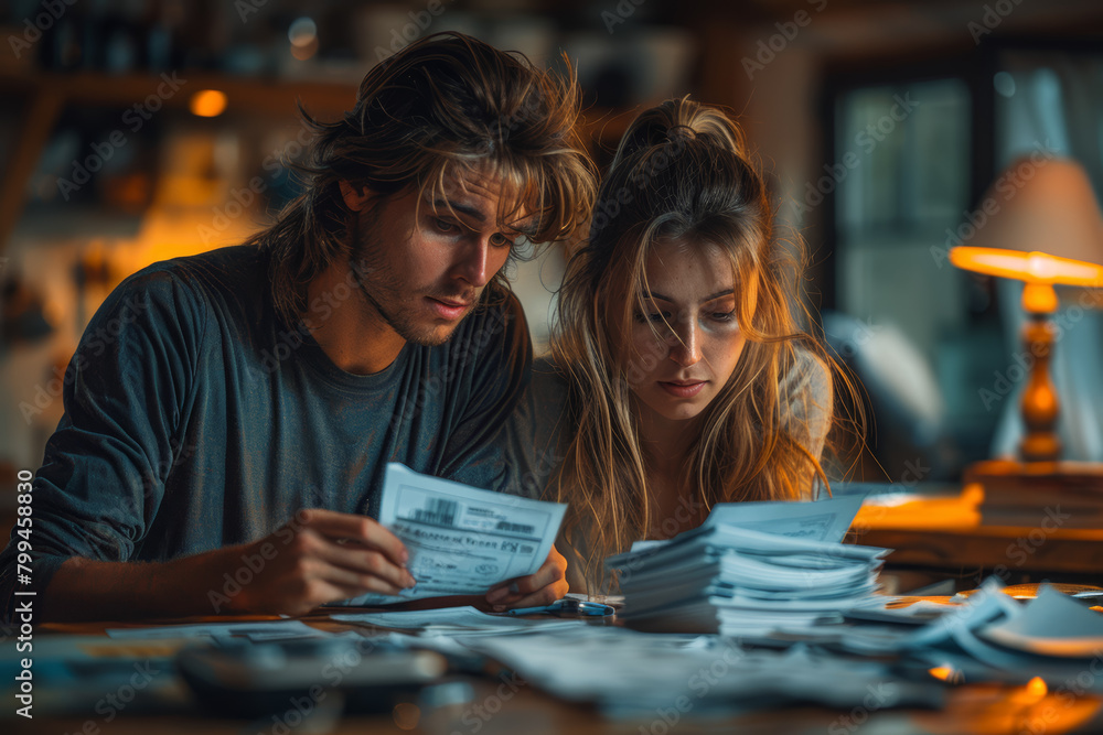 Fototapeta premium A family making tough decisions about which bills to prioritize and which to let slide, feeling powerless in the face of overwhelming debt. Generative Ai.