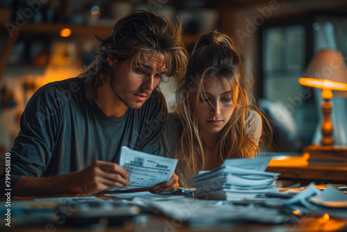 A family making tough decisions about which bills to prioritize and which to let slide, feeling powerless in the face of overwhelming debt.  Generative Ai. photo