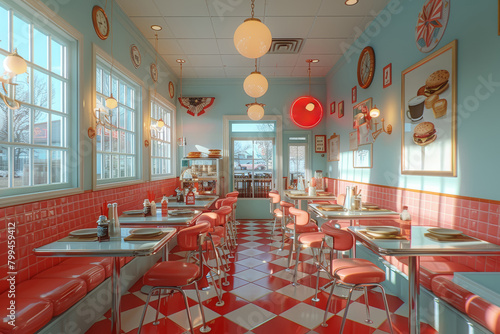 A retro-style diner serving milkshakes and burgers on checkered tablecloths, harkening back to the American diners of the 1950s. Concept of nostalgic dining experience. Generative Ai.