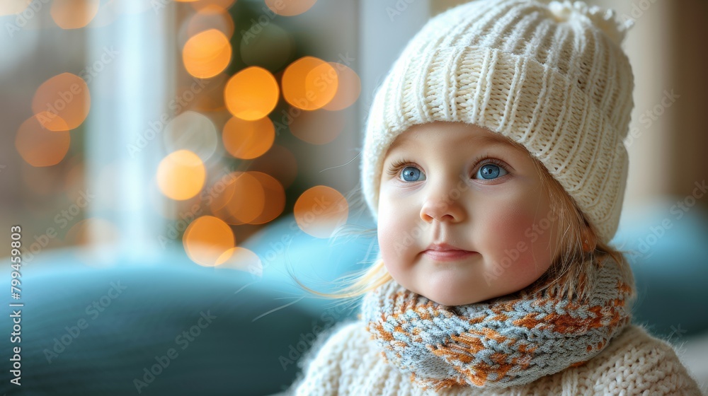 A close up of a baby wearing a knit hat and scarf, AI A close up of a baby wearing a knit hat and scarf, AI